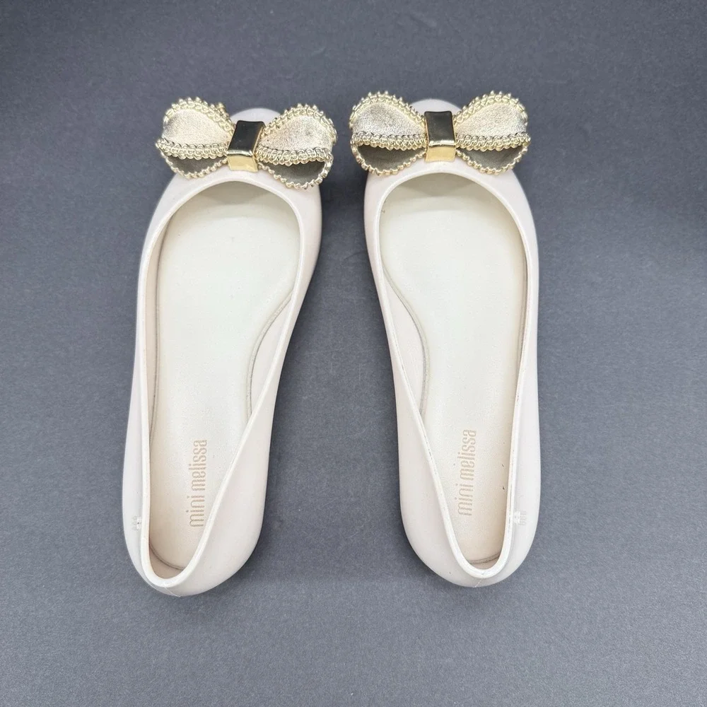 Mini Melissa Girls Mary Jane Jelly Shoes Cream Beige Glitter Bow Size 3